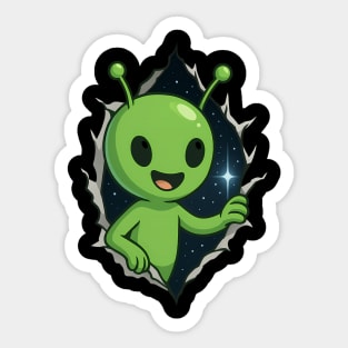 Cute Alien Happy Peeking Through Starry Portal Sticker